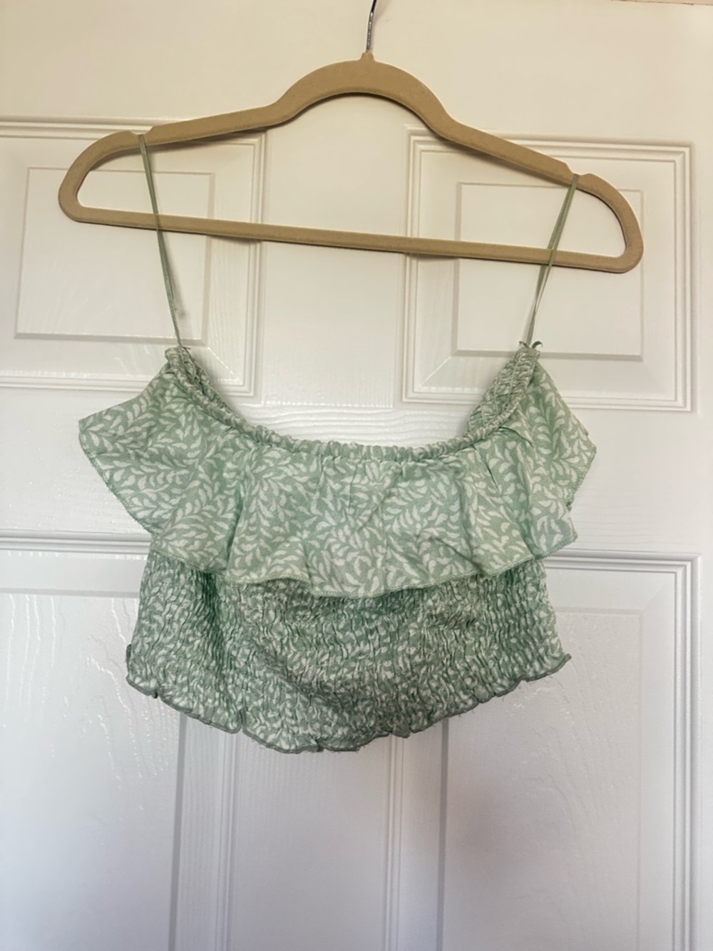 Light Green Floral Ruffle strapless top